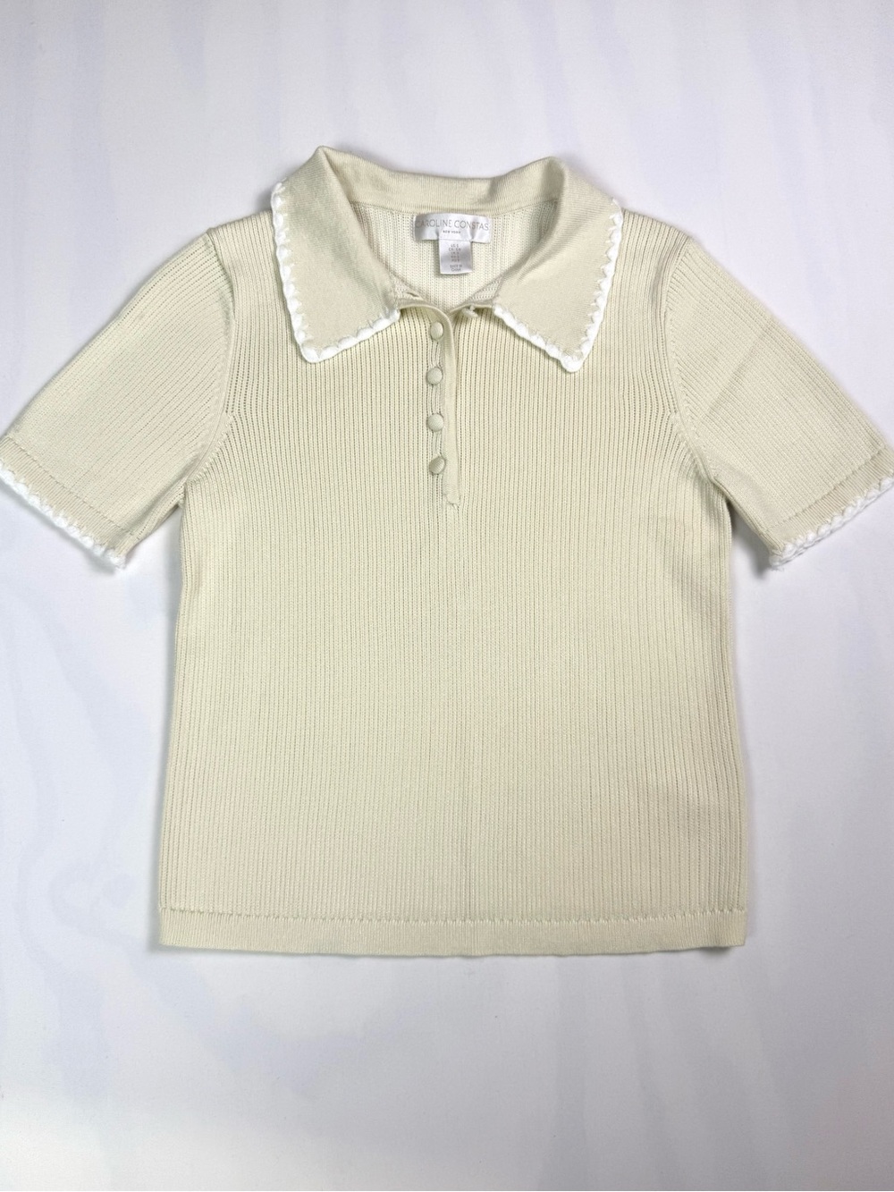 Caroline Constas Cream Ribbed Knit Polo Top White Trim Short Sleeve S
